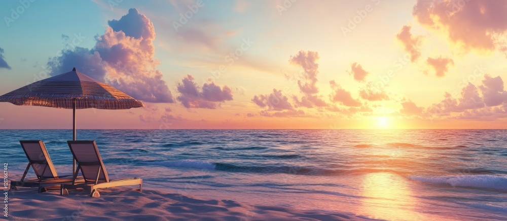 Poster serene beach resort at sunset featuring empty chairs and umbrellas with ocean view and copyspace for