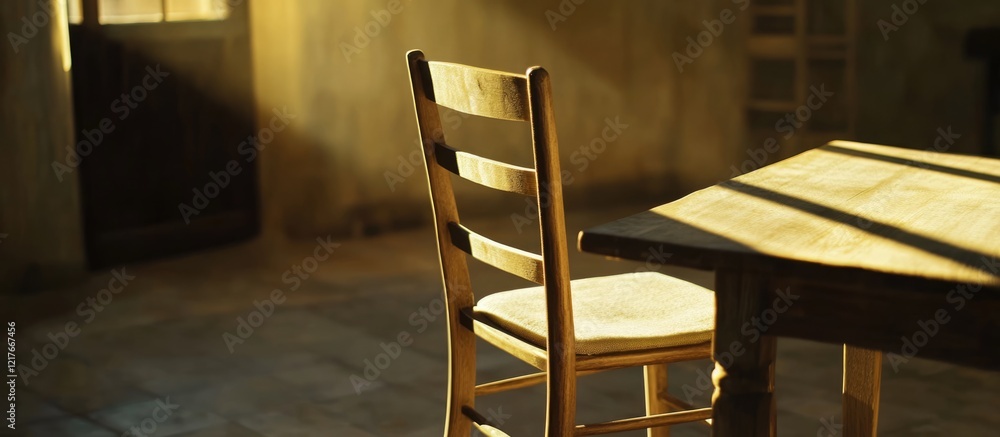 Poster empty chair mockup on rustic dining table with natural light and copyspace for text in contemporary 