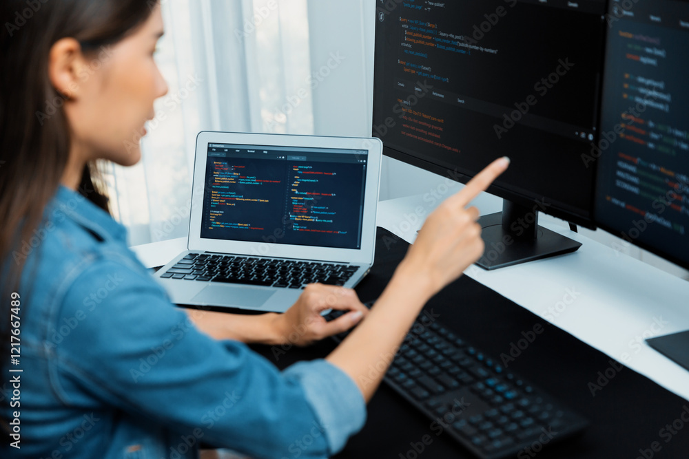 Poster young asian girl of it developer pointing online information on pc with coding program data applicat