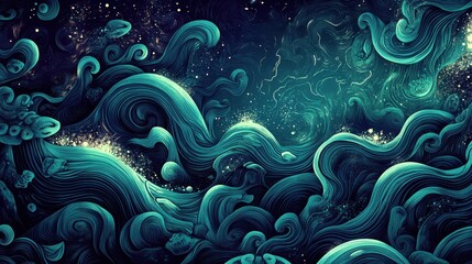 Abstract Teal Waves Celestial Ocean Art
