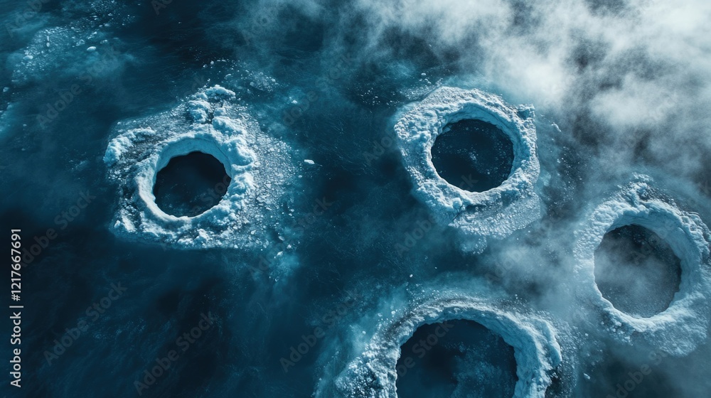 Poster aerial view of unique iceberg holes in dark blue sea with dramatic clouds and empty space for text d
