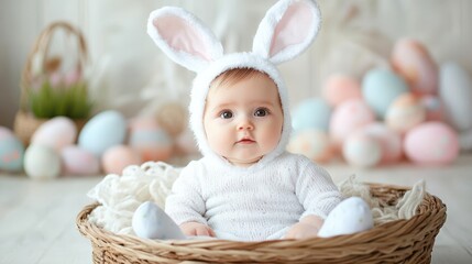 A baby dressed as a bunny sits adorably in a colorful basket, capturing the joy of Easter festivities.