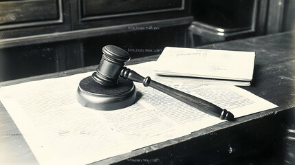 Courtroom gavel resting on a wooden desk with legal documents and a law book lying beside it.illustration