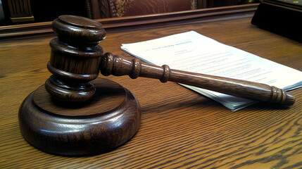 Courtroom gavel resting on a wooden desk, with legal documents and a law book lying beside it