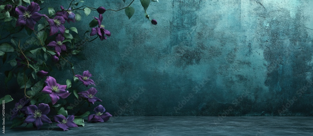 Poster industrial backdrop with clematis vine and textured wall featuring ample empty space for text or des