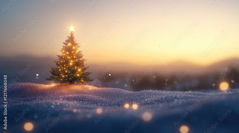 Poster glowing christmas tree on snowy landscape with bokeh lights capturing festive warmth and charm featu