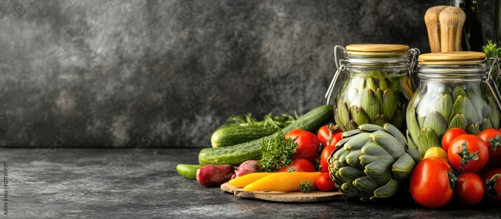 Poster canned artichokes in glass jars surrounded by fresh vegetables on a dark textured surface with empty