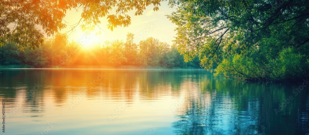 Aufkleber tranquil lake at sunset with tree shadows and water reflections creating a serene natural backdrop w