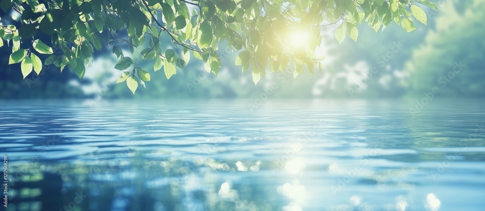Aufkleber serene lake water surface with soft reflections and dappled tree shadows creating a tranquil natural