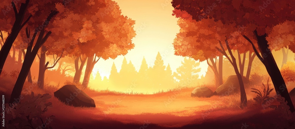 Poster serene autumn forest landscape featuring warm colors and soft light with ample empty space for text 