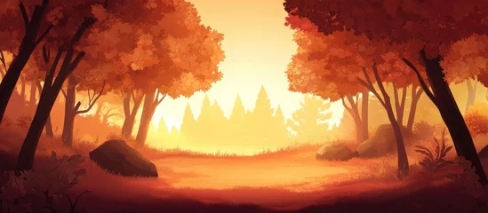 Serene autumn forest landscape featuring warm colors and soft light with ample empty space for text or signage