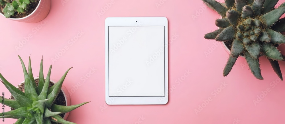 Poster cactus and tablet on pink background with empty screen for text creative flat lay composition top vi