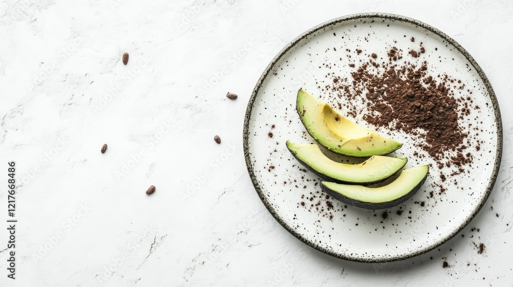 Poster close up of sliced avocado with cocoa powder on a plate isolated on white background healthy food co