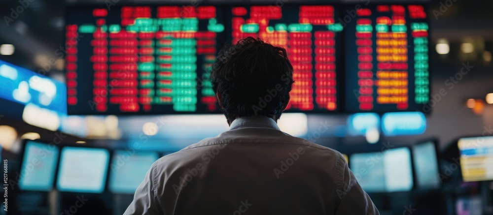 Poster businessman analyzing stock exchange data with digital screens and empty space for text on wall stre