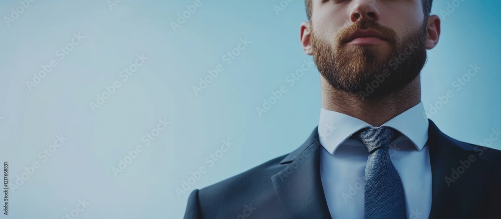 Poster businessman in a suit standing confidently with virtual screen and empty space for text showcasing p