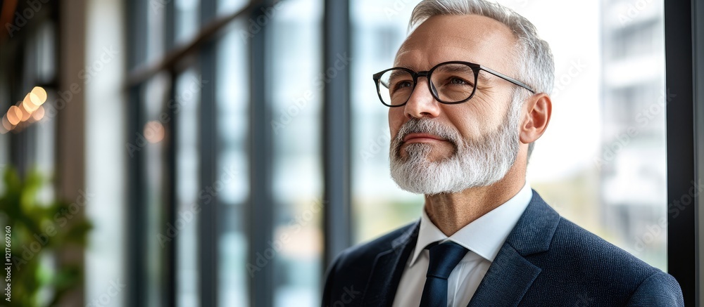 Poster businessman contemplating future standing by office window with natural light and empty space for te