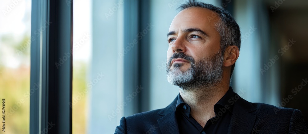 Poster Businessman contemplating future from modern office window with space for text in professional setting