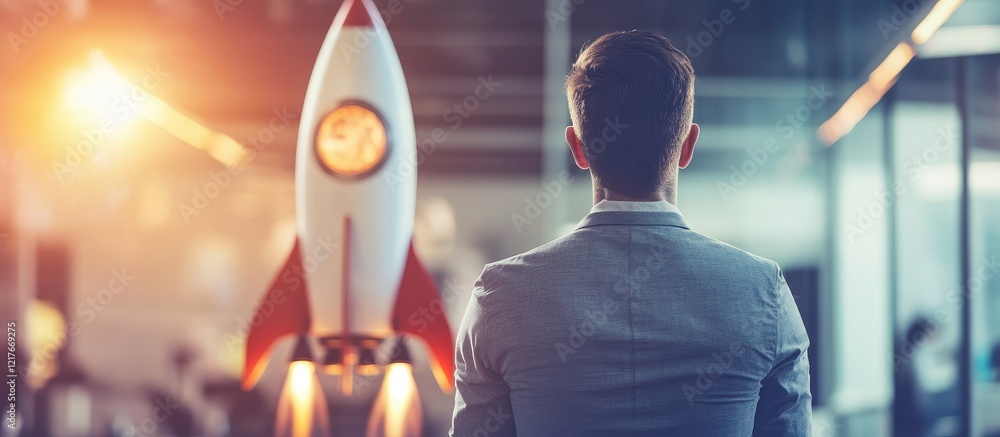 Poster businessman contemplating a project in the office with a rocket concept and empty space for text to 