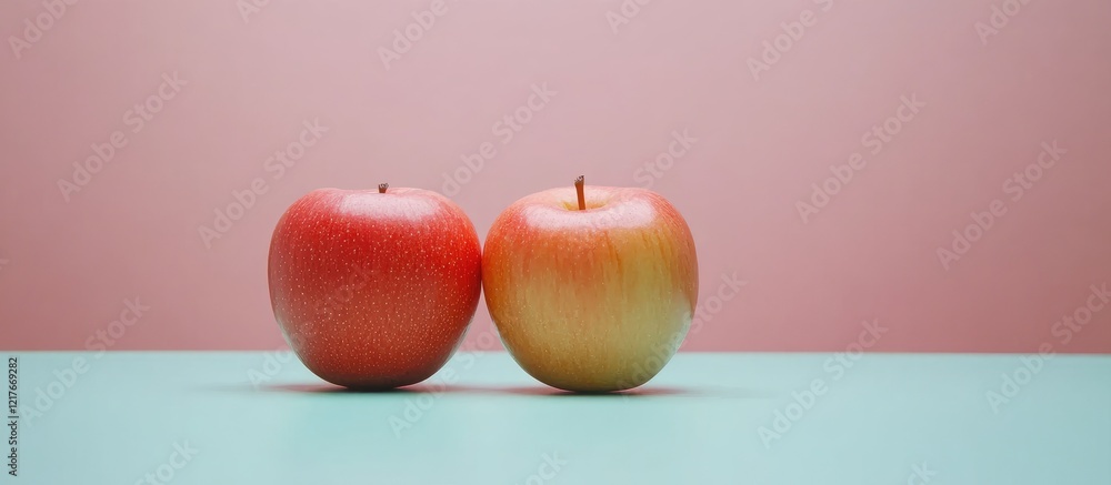 Poster two fresh apples on a turquoise surface with a soft pink background creating an appealing visual for