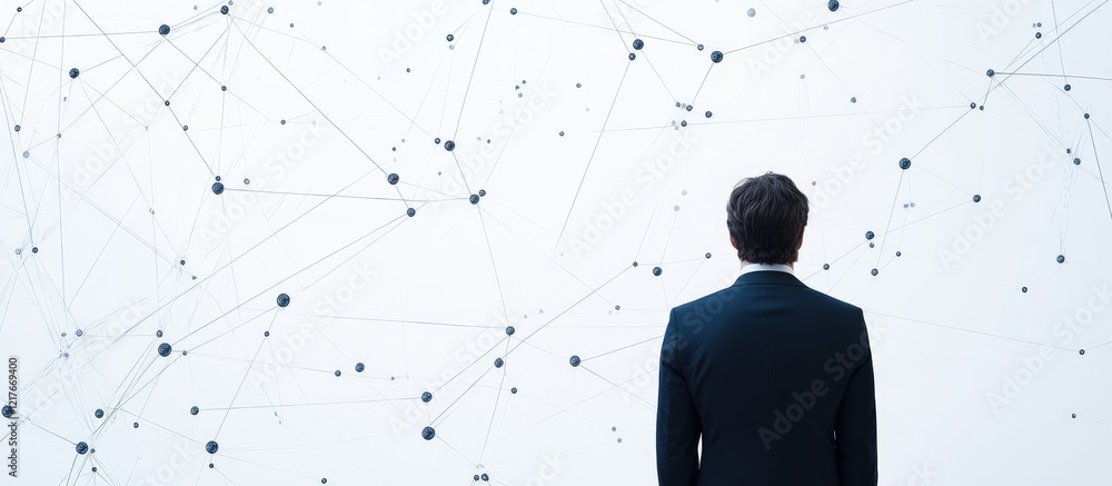 Aufkleber businessman analyzing abstract network connections with empty space for customization and text overl