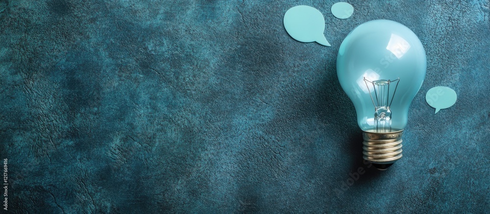 Poster businessman brainstorming with light bulb and thought bubbles on textured background for creative id