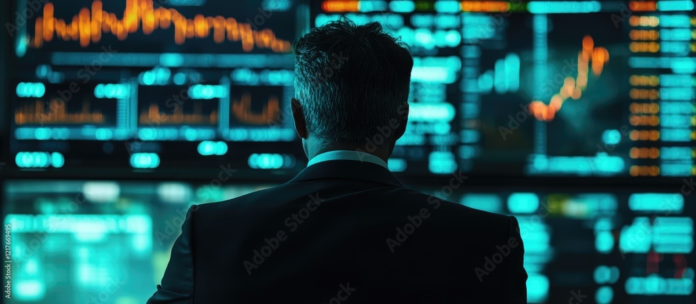 Poster businessman focusing on stock market data analysis with digital indicators and trends in a modern of