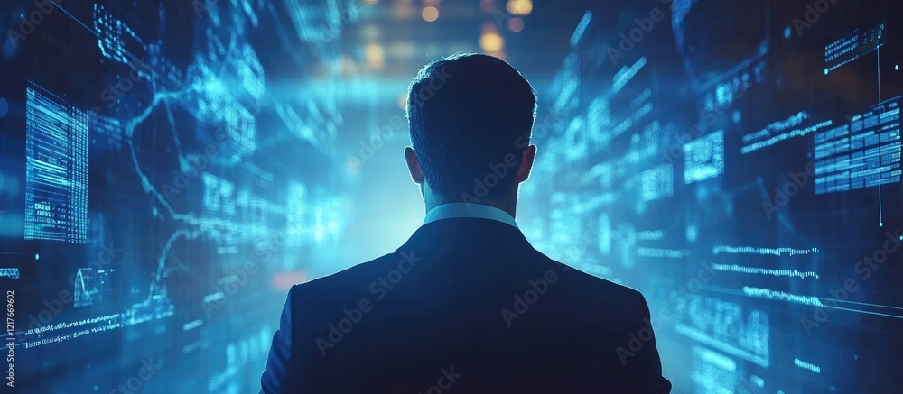 Aufkleber businessman in suit analyzing virtual sales data with digital interfaces and empty space for text in