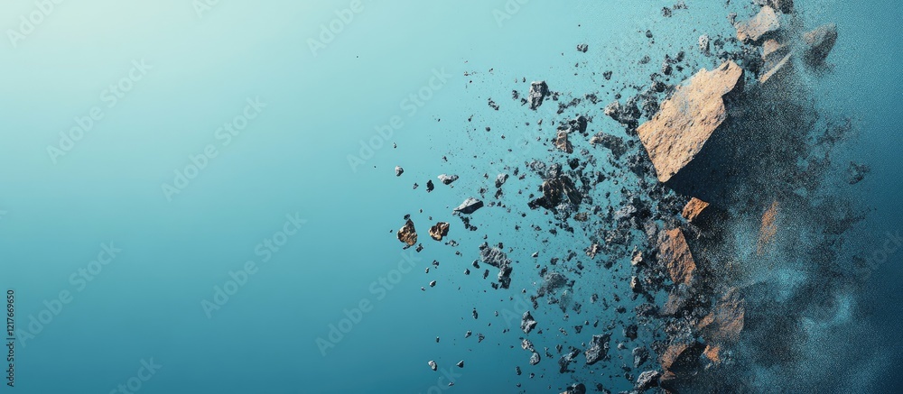 Poster microbial disintegration concept on light blue background with empty copyspace for text in abstract 