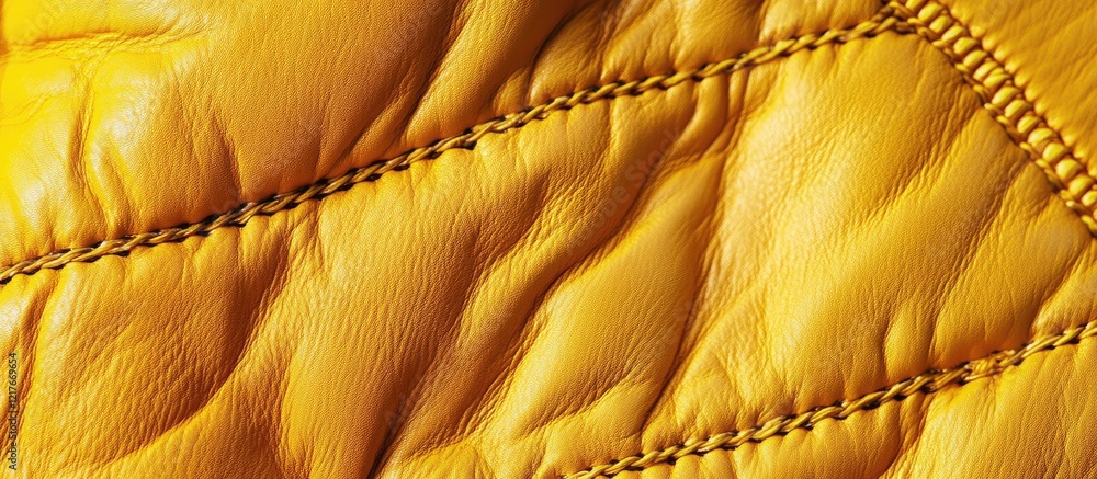Poster vibrant yellow leather texture showcasing close-up details of fabric and stitching with ample copysp