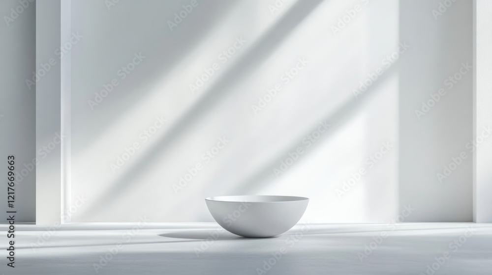 Poster minimalist design featuring a white textured bowl in an elegant space with soft shadows and ample co