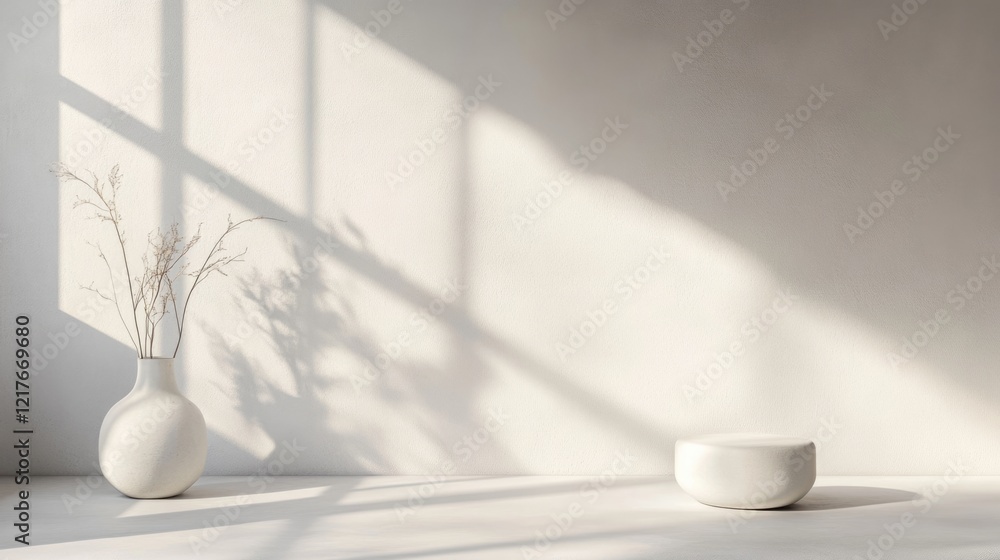Poster minimalist interior design featuring textured white materials and soft shadows with ample copyspace 