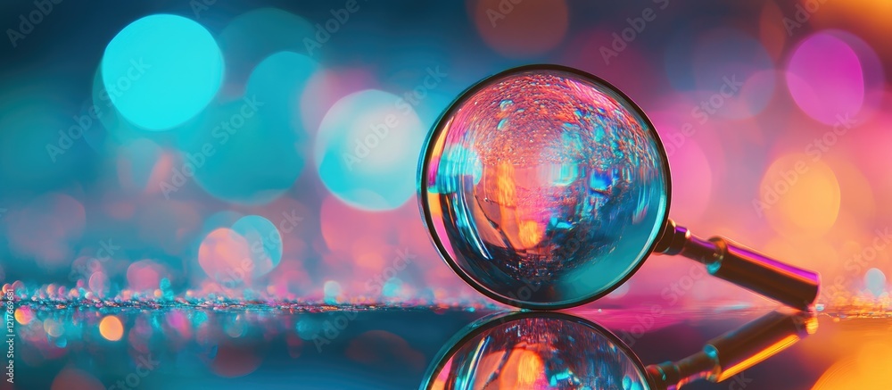 Aufkleber Abstract magnifying glass reflecting colorful lights with digital search concept background and empty space for text and design elements
