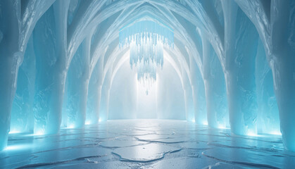 Majestic ice palace interior with glimmering ice formations and glowing light