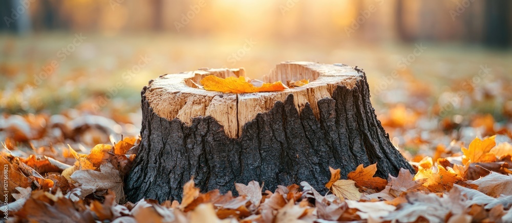 Poster broken tree trunk surrounded by colorful autumn leaves in sunlight highlighting nature's beauty with