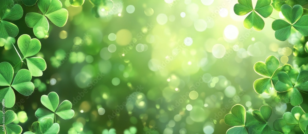 Poster bright green clover leaves background with bokeh effects and empty space for text ideal for seasonal