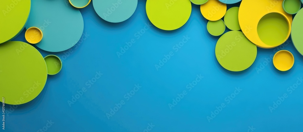 Poster colorful circular patterns in vibrant green and yellow on a serene blue background with space for yo