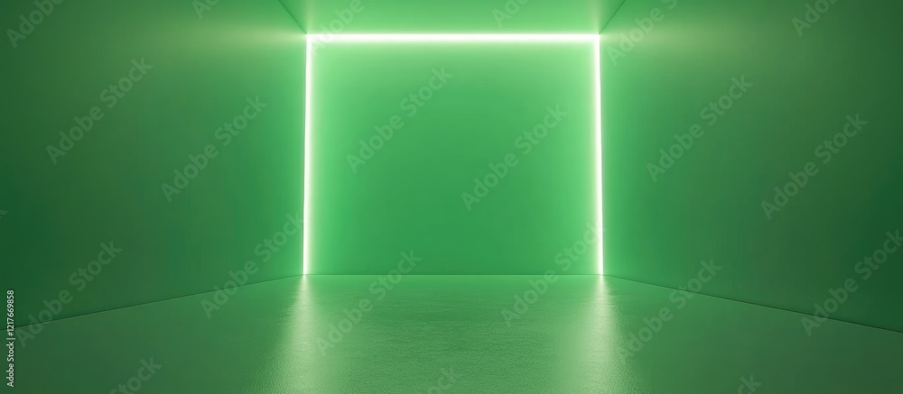 Poster vibrant green room with illuminated edges creating a modern backdrop and ample empty space for custo