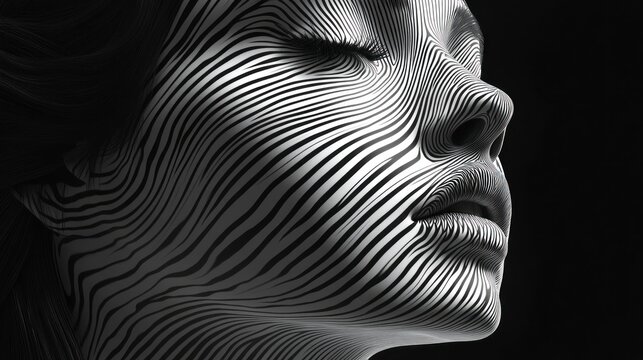 Monochrome portrait of a woman's face with striking, parallel lines creating a zebra-like pattern.