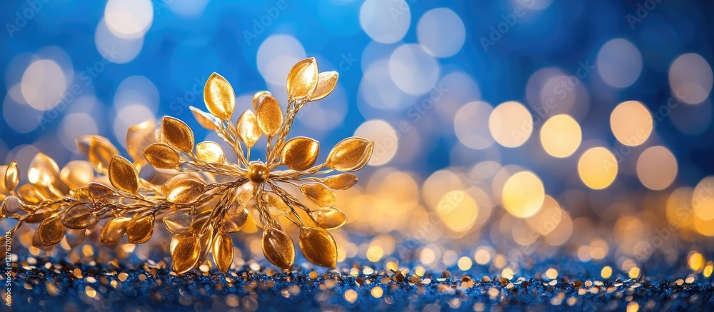 Poster golden bokeh lights against a blue backdrop creating a serene atmosphere with ample empty space for 