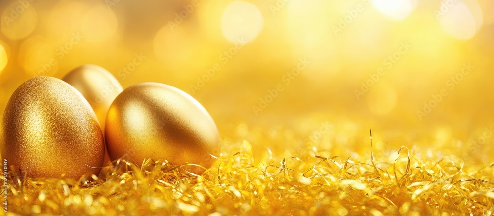 Poster golden eggs on vibrant yellow grass with soft bokeh background creating a perfect space for text or 