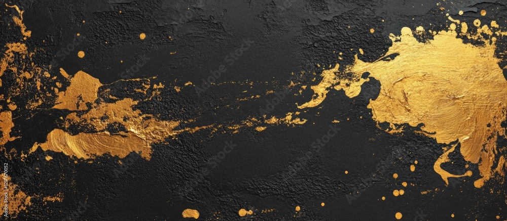 Poster textured black background with bright gold ink splashes creating high contrast design and ample empt