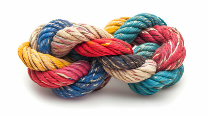 Creative depiction of multicolored ropes tied in a firm knot, isolated on white, symbolizing the beauty of unity and shared purpose
