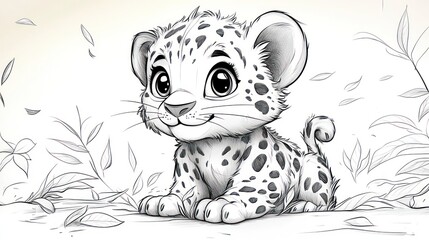 Adorable cartoon baby snow leopard cub sitting amidst foliage.