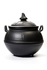 Authentic African Pot. Close up of South African Potjie Pot for Delicious Camping Cook. Hot and Healthy Eating in Black-and-White Style. Isolated on White