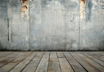 A blank concrete wall in an industrial loft with wooden floors, showcasing the raw beauty of urban textures and light from the windows.