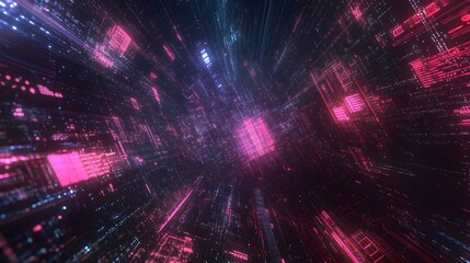 Obraz premium Abstract Digital Cityscape Neon Glowing Lines Pink Purple Futuristic Technology Background Modern Design Graphic Illustration Digital Art High Tech Network 