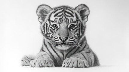 Adorable tiger cub portrait in monochrome.