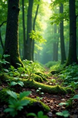 Fototapeta premium Forest surface with soft downy leaves and twigs, forest surface, greenery