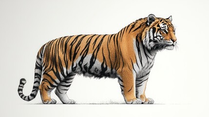 Obraz premium Majestic tiger standing, side profile, isolated on white background.