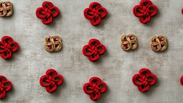 Traditional Japanese kumihimo braids in red and gold set against a textured background